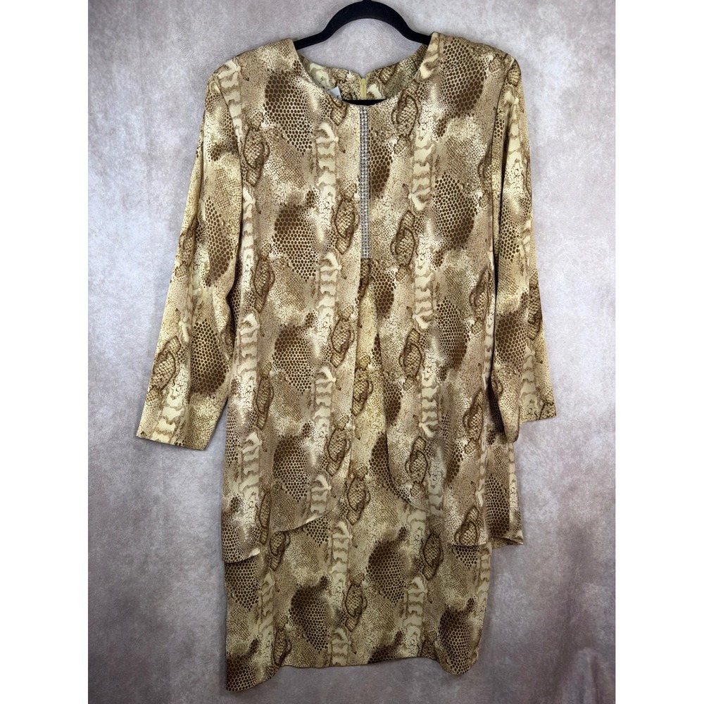 VTG 90s Danny K Dress Womens Medium Brown Snakeskin Print Rhinestone Accent‎